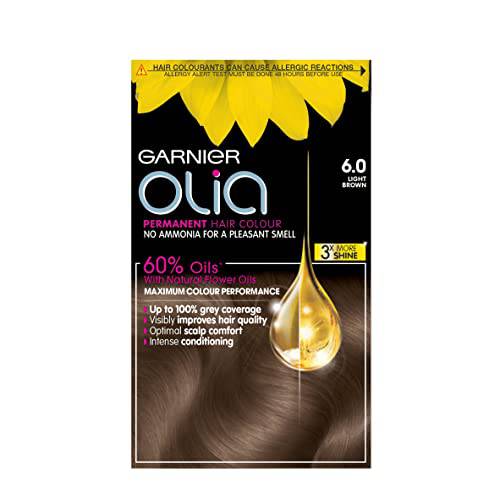 Garnier Olia Light Brown Permanent Hair Dye, No Ammonia for A Pleasant Scent, Up To 100% Grey Hair Coverage, Maximum Colour Performance, 60% Oils - 6.0 Light Brown