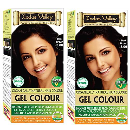 Indus Valley Gel Color For Hair, 100% Damage-Free, No hydrogen Peroxide - No Increase in greys, No ammonia - No dryness, No hair-fall, 100% no increase in greys, Enchanting aroma of fresh oranges, Organic Certified Ingredients, Dermatologic Recommended, 20g + 200ml - Dark Brown 3.0 (Pack of 2)