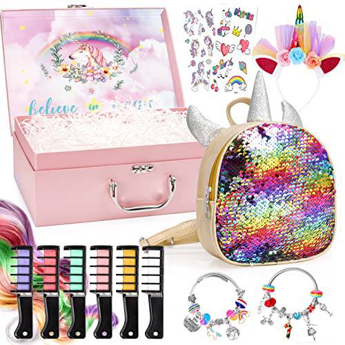 Unicorns Gifts for Girls in Giftable Box - Colorful Glitter Unicorn Bag, DIY Charm Bracelet Making Kit, Temporary Bright Hair Chalk, Glamorous Headband, Gifts for Teens Girls(Colorful Unicorn Bag)