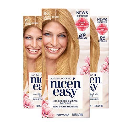 Clairol Nice’n Easy Permanent Hair Dye, 8G Medium Golden Blonde Hair Color, 3 Count