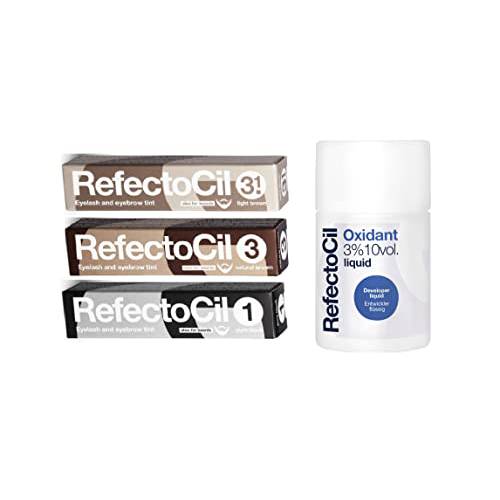 Refectocil Trio Pack [Light Brown, Natural Brown and Pure Black] Cream Hair Dye and Refectocil Oxidant 3% 10 Volume Liquid 3.38 oz