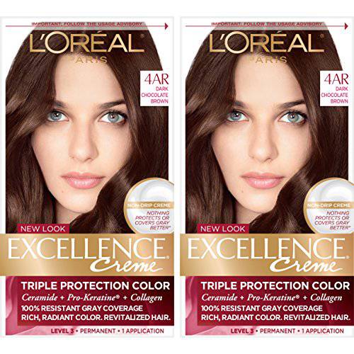 L’Oreal Paris Excellence Creme Permanent Hair Color, 4AR Dark Chocolate Brown, 100 percent Gray Coverage Hair Dye, Pack of 2