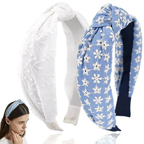 BEGOOD White Headbands for Women Embroidery Knotted Headband Hairband Wide Headbands Hair Hoop Fashion Top Knot Turban Hair Accessories for Girls Vintage Floral