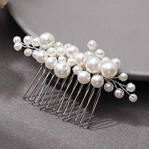 Casdre Pearl Bride Wedding Hair Comb Silver Bridal Side Comb Hair Piece Wedding Hair Accessories for Women and Girls (A White)