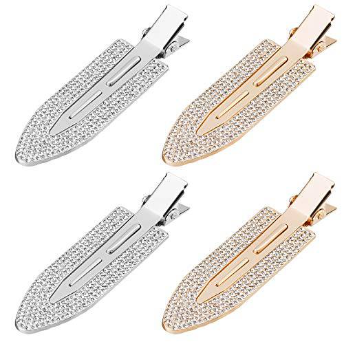 PAGOW Rhinestone No Bend Hair Clips, 4pcs bangs hair clip with Metal Shiny Styling Diamond ,No Dent No Crease Makeup Hair Clips for Women and Girls (2 Silvery & 2 Gold)