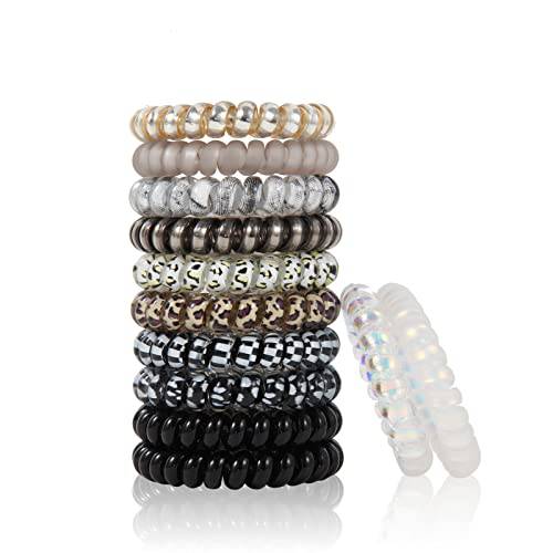 Spiral Hair Ties No Crease, Colorful Traceless Hair Ties, Elastic Coil Hair Ties, Phone Cord Hair Ties, Waterproof Hair Coils for Women Girls,Ponytail Hair Coils No Crease, Multicolor 12PCS (Leopard)