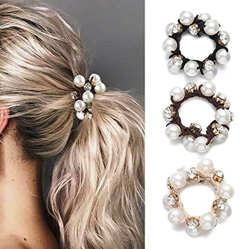Brinie Hair Ties Black Elastic Hair Scrunchies Pearl Hair Bands Crystal Hair Ropes Hair Accessories for Women and Girls (Pack of 3)
