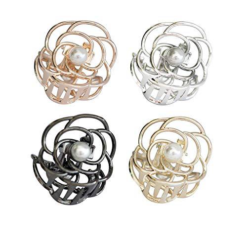 TANG SONG 4PCS Flower Style Small Metal Hair Claw Clips Hair Catch Barrette Jaw Clamp for Women Half Bun Hairpins for Thin Hair (Silver+Gold+Rose Gold+Black)