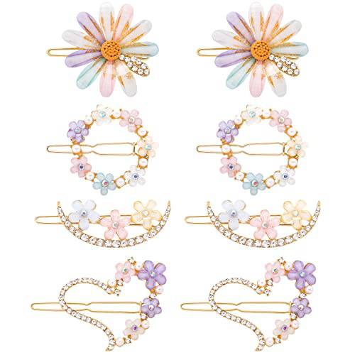 PAGOW 8PCS Rhinestone Hair Clips for Women Girls, Decorative Bobby Pins, Glitter Crystal Flower Hairpin, Handmade Metal Barrettes Hair Jewelry Wedding Accessories Set (Gold)