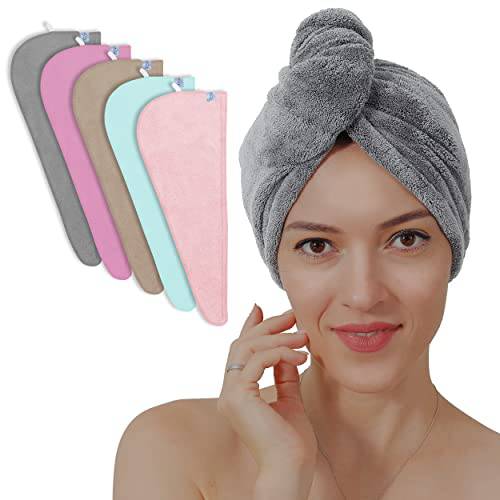 TENSTARS 5 Pack Thicken Microfiber Hair Towel Wrap for Women - Elastic Loop Design - 320GSM Coral Velvet - Quick Dry Hair Turban - 11x28 Inch (Grey+Pink+Brown+FrozenBlue+FrozenBerry)