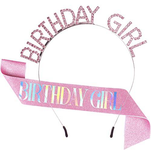 Birthday Girl Sash & Tiara Set, Birthday Sash and Rhinestone Crown for Women, Sweet Princess Birthday Party Decorations Headband Birthday Gifts for Her, Happy Birthday Accessories （Pink）