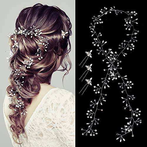 Bride Wedding Crystal Hair Vine Hair Accessories Extra Long Pearl and Crystal Beads Bridal Hair Vine Headband Head Pieces for Women and Girls (Silver)