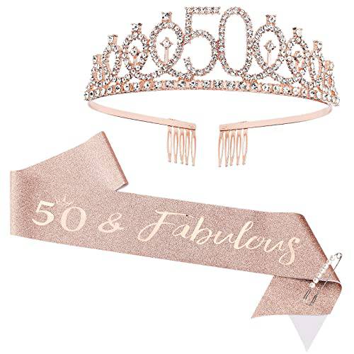 CIEHER 50th Birthday Crown + 50 & Fabulous Birthday Sash + Pearl Pin Set, 50th Birthday Gifts for Women Friends, 50th Birthday Decorations Women, 50th Happy Birthday Party Favor Supplies