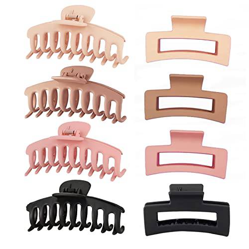 Twievo 8 Pack Large Hair Claw Clips for Woman, Girls’ Hair Clips Claw, Matte Square Hair Claws Clips For Hair, 2 Styles Strong Hold Jaw Clips (Pink, Cream, Beige, Black)