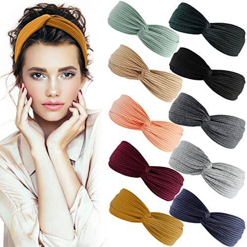 S&N Remille Headbands for Women Boho Headbands Vintage Criss Cross Headwraps Solid Color Head Bands,Elastic Head Wraps for Yoga Workout Hair Accessories 10 Pack