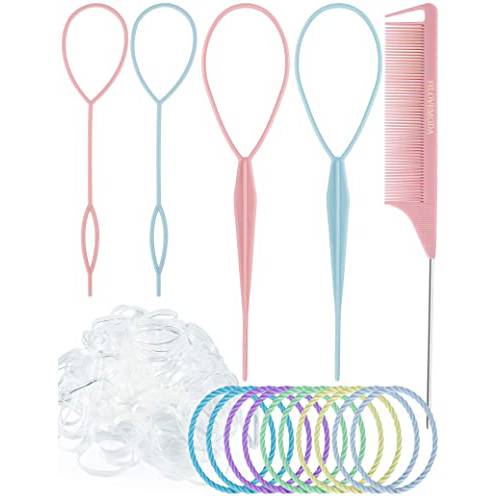 Topsy Hair Tail Tool,hair tools for styling. FILOVEMODA 1pcs Tail Braiding Combo, 4pcs French Braid Tool Loop For Hair Styling, 100pcs Clear Mini Elastic Hair Bands, 10pcs Ouchless Elastic Hair Ties (pink)