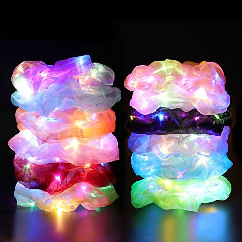 12PCS LED Scrunchies, Led Glow Hair Bands with Premium Gift Bag, Light Up Hair Scrunchy for Women, Colorful Meteor Yarn Hair Tie 3 Light Modes, Glow in the Dark Hair Accessories for Neon Glow Party