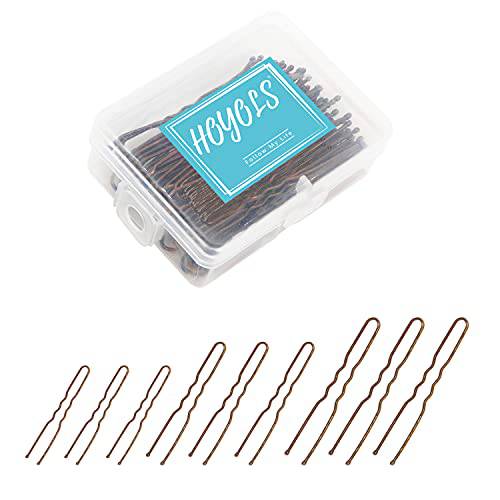 U Shaped Hair Pins Brown, Assorted Size U Shape Bobby Pins, Metal Bun Clips Hairpin Crimped Design with Ball Tips for Buns Women Girls Grips Hairstyle, 150 Count Bulk Pack by Hoyols (Brown)