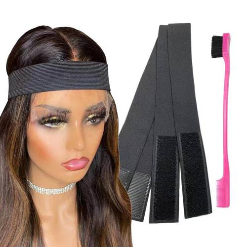 Elastic Band for Lace Frontal Melt, 2 Pcs Wig Band Adjustable Lace Melting Band for Wig Edge, Edge Wrap to Lay Edges,Hair Wrap Strips Non Slip, Wig Band (2 Bands with 1 Edge Brush)