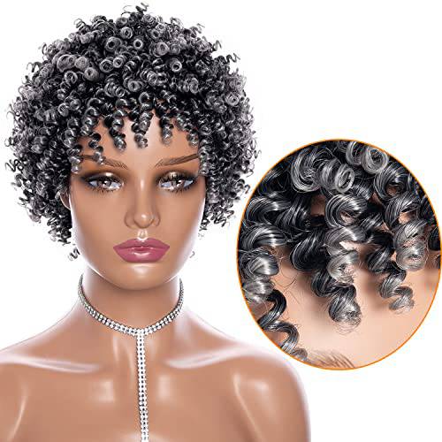 JOOVAMYUN Gray Wigs for Black Women Afro Wigs for Black Women Short Curly Wigs for Black Women Kinky Curly Wig with Bangs Natural Hair Wigs for Black Women