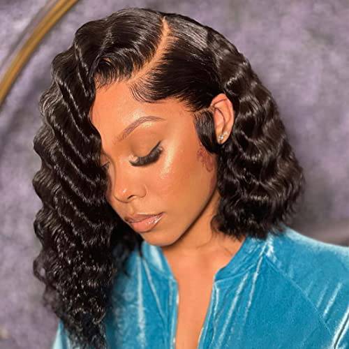 Deep Wave Bob Lace Wig 12 Short Bob Synthetic Wigs for Black Women Natural Black Color Synthetic Curly Bob Lace Front Wig Natural Crimps Curls CLIONE Wigs,1B