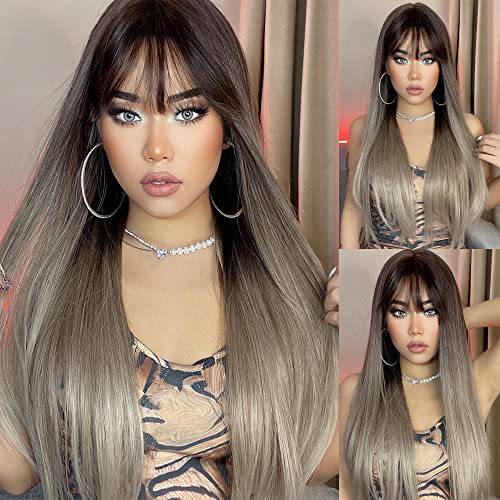 BASHA Long Straight Brown Blonde Golden Highlights Ombre Full Wig Hair for Women Lady Girl Middle Part with Side Bangs Dark Black Roots 26 inches Synthetic Natural Looking Wig