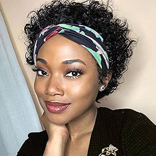 FENGDE 6 inch Pixie Cut Headband Wig Short Curly Headband Wigs for Black Women Human Hair 150% Density Natural Black Brazilian Virgin Human Hair Wigs, None Lace Front Wig Glueless Wig with Free Headbands