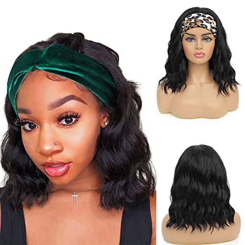 Headband Wig Short Wavy Bob Wigs for Black Women Natural Curly Wigs with Headband Shoulder Length Wigs Natural Black 14 Inch Glueless Wigs for Daily Wear