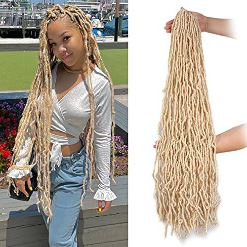 Leeven 30 Inch Blonde Natural Butterfly Soft Locs Distressed New Faux Locs Crochet Braids Hair 1 Pack Pre Looped Long Goddess Locs Curly Afro Roots Synthetic Hair Extensions for Women 15 Strands 613