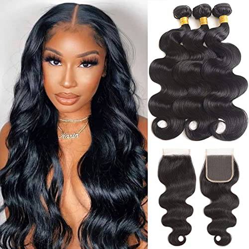 Brazilian Body Wave 3 Bundles with Closure (14 16 18 +12 Closure)100% Unprocessed Body Wave Human Hair Weave with 4x4 Free Part Lace Closure Natural Color (Bundles with Closure)