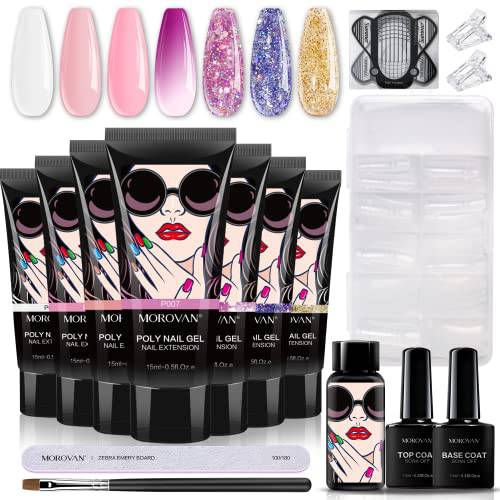 Morovan Poly Gel Nail Kit 7 Colors Poly Extension Nail Gel All In One Kit with Slip Solution Glitter Color Changing Poly Gel Nail French Nail Art Equitment DIY Poly Gel Kits for Starter Professional