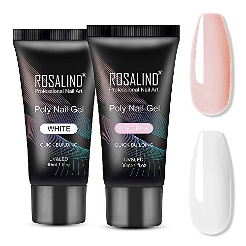 ROSALIND Soft Pink&White Extension Gel, 2 PCS 30ml White Poly Nail Gel kit Soft Pink Nail Builder for Nail Art Decoration, Nail Thickening Poly Nail Gel Tube Easy to DIY Use Need UV Lamp