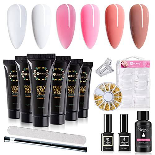 Mobray Poly Extension Nail Gel Kit, 6 Colors Clear White Nude Poly Nail Set with Poly Brush Slip Solution Nail Forms Gel Top and Base Coat for Nail art.