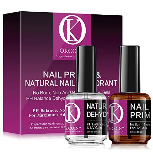 OKCOIN Nail Primer - Professional Nail Dehydrator and Primer Acid Free Nail Prep Dehydrator No Burn Nail Primer Superior Bonding Primer for UV Gels 0.5oz