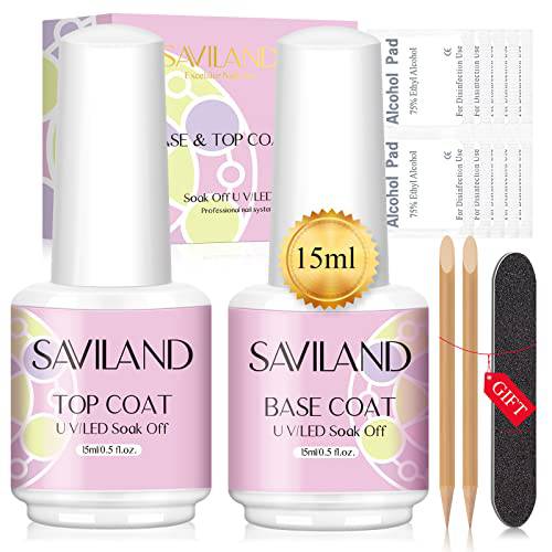 Saviland Gel Nail Polish Base and Top Coat-15ml*2 Large Capacity, Shiny No Wipe Gel Top Coat and Base Gel Nail Polish Soak Off Clear Gel Polish Nail Accessories, for Starters Nail Salon Home DIY Ideal Gift