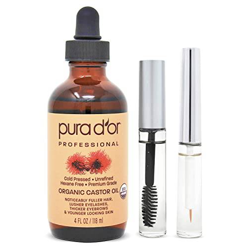 PURA D’OR Organic Castor Oil (4oz + 2 BONUS Pre-Filled Eyelash & Eyebrow Brushes) 100% Pure, Cold Pressed, Hexane Free Growth Serum For Fuller, Thicker Lashes & Brows, Moisturizes & Cleanses Skin
