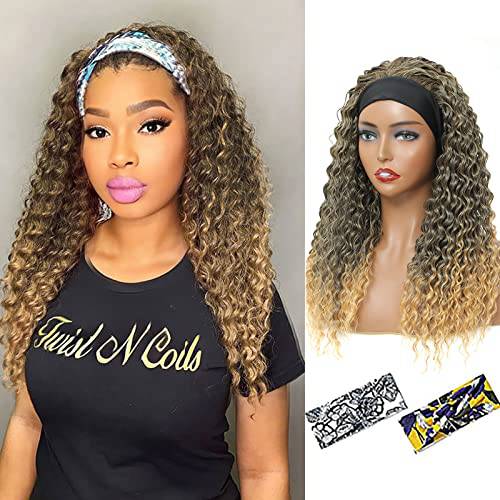 Headband Wig Curly Deep Wave Headband Wigs for Women Black Wet and Wavy Synthetic Ombre Colored Headband Wig with Headband Attached Glueless Half Wig 180% Density Nature Wigs for Daily Use 18 Inch 1B