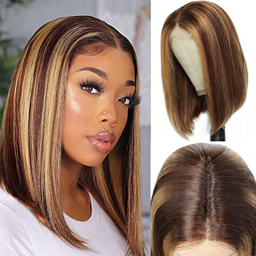 IWISH Blonde Highlight Bob Wigs for Black Women Synthetic Hair Brown Mixed Blonde Wig 14Inch P4/27 Middle Part Short Bob Hair Wig for Daily Use