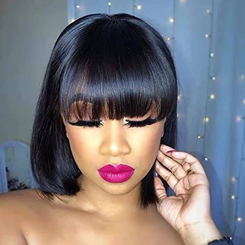 Silk Cool Black Bob Wig with Bangs Bob Wigs for Black Women Short Straight Synthetic Bob Wigs Heat Resistant Hair for Cosplay Daily Party Use (10 Inch, Black)