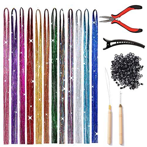 Hair Tinsel Kit with Tools 12 Colors 2400 Strands Colorful Tinsel Hair Extensions Shiny Fairy Hair Tinsel Heat Resistant Hair Tensile Kit Sparkling Glitter Hair Extensions (47Inch)