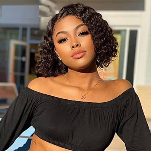 10inch Water Wave Lace Closure Wigs Human Hair Wigs for Black Women Short Wet and Wavy Wigs Human Hair Glueless Middle Part Curly Bob Wigs Human Hair 150% Density Natural Color
