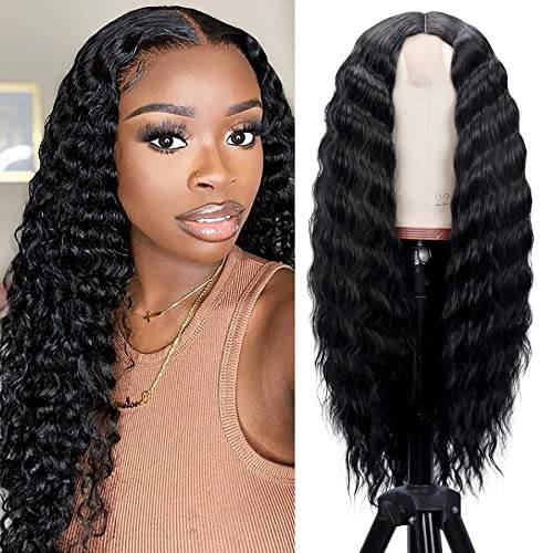 28 Long Curly Synthetic Hair Wigs Black Small Lace Front Wigs for Women Loose Deep Wave Wig 4 Fake Scalp Middle Part Natural Looking Crimps Curls Hair Replacement Wigs for Daily Party Use (1B)