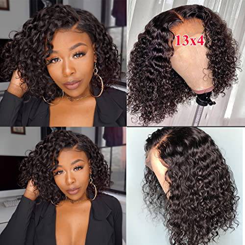 SWEETGIRL Short Curly Bob Wigs Human Hair 13x4 Lace Front Wigs Pre Plucked Water Wave Wigs Wet and Wavy Curly Wigs for Black Women Natural Black 150% Density 10 Inch