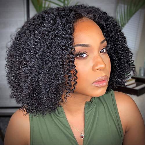 Kiqibeauty Afro Kinky Curly V Part Wig Human Hair Minimal Leave Out 200% Density Upgrade U Part Human Hair Wigs For Black Women V Shape Clip In Human Hair 3C/4A Thin Part Wig16 Inch