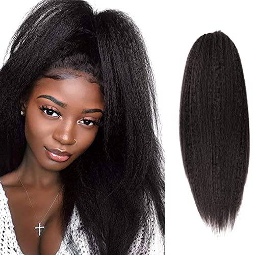 UAmy hair Long Kinky Straight Drawstring Ponytail Hair Pieces for Women Natural Black Synthetic Thick Yaki Straight Ponytail Hair Extension 20 inches Clip in (2)