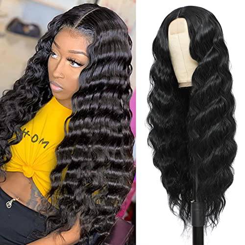 28 Inch Synthetic Curly Wig for Women Long Deep Wave Wig Middle Part Fake Scalp Lace Wigs Natural Crimps Curls Loose Deep Wave Lace Front Wigs for Daily Party Use (1B)