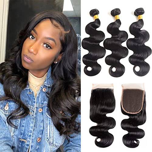 Body Wave Bundles with Closure Brazilian Human Hair 3 Bundles with Closure(14 16 18+12) Body Wave 100% Unprocessed Virgin Hair Bundles with 4x4 Lace Closure Free Part Natural Color Body Wave