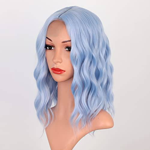 Stamped Glorious Light Blue Short Wavy Wigs for Women Blue Curly Wig for Girl Middle Part Bob Blue Wig Synthetic Wavy Wig Cosplay Party Use