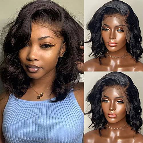 Brennas Hair Glueless Short Wave Human Hair Wig Pre Plucked 13x4 Body Wave HD Lace Front Wig for Black Women Side Part Brazilian Remy Hair Bob Wigs Bleached Knots Natural Color 150% Density 12 inch