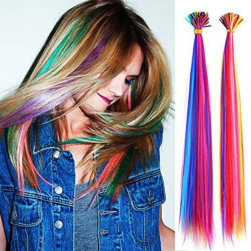 100 Strands 20 Party Colors Hair Extensions I-Tip Long Straight Hairpieces Synthetic Heat Resistant Highlight Feather Micro Ring Hair Accessories (10 Mix-colors, I-Tip Hair Extensions)